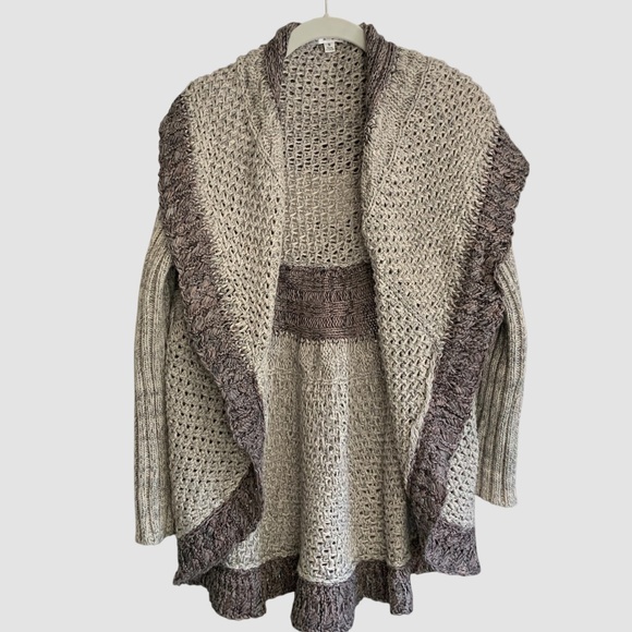 Cabi Crochet Knit Mixed Stitch Grey Brown Cardigan Shawl Cotton Sweater SZ S - Picture 2 of 14
